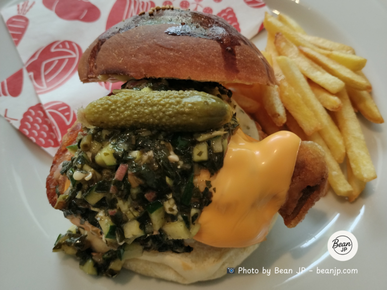 Tajima beef burger with fries at OFF Kinosaki restaurant in Toyooka